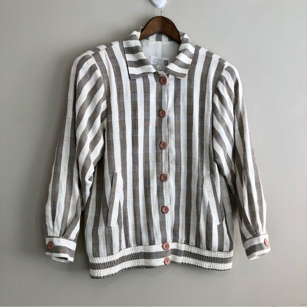 Cleo Petites Vintage Linen Blend Stripe Jacket Tan Cream Button Front Size Small - Picture 3 of 16